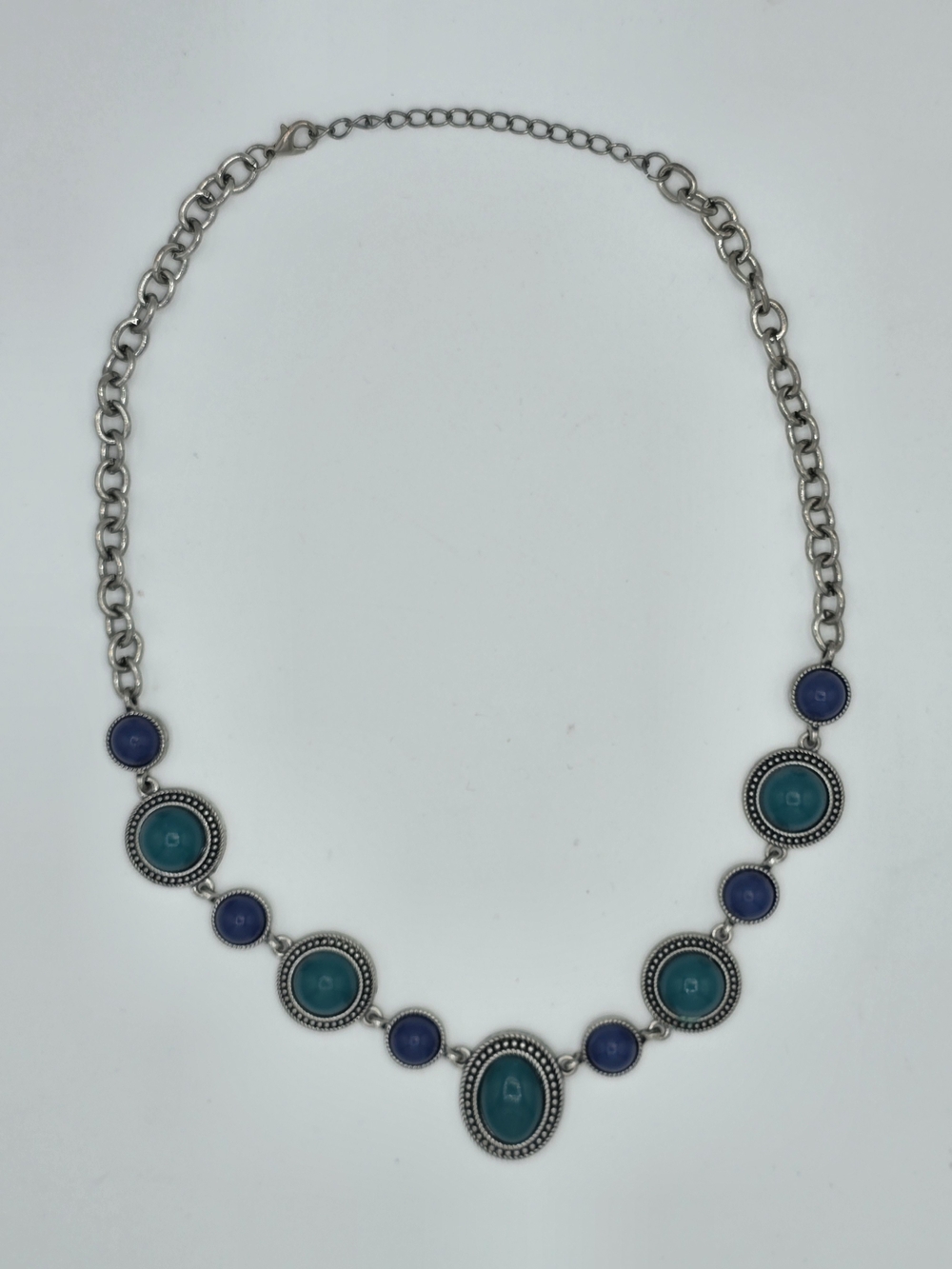 Silver Tone Blue and Teal Cabochon Bib Necklace